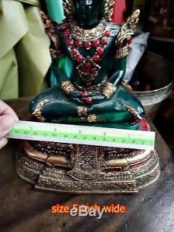 0203-thai Art Emerald Buddha Statue Meditation Amulet Green Old Gem Gold Armor