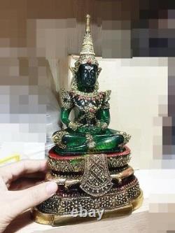 0203-thai Art Emerald Buddha Statue Meditation Amulet Green Old Gold Armor 5inch