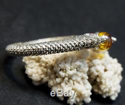 100% Real Yellow Phaya Naga Eye Sterling 925 Silver Bangle Thai Amulet Buddha