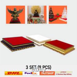 3 Set Altar Buddha base Amulet Stand Red velvet cloth, Thai hand made by wood