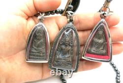 3 Set Antique Thai Buddha Amulet Pendant Hematite Necklace Chinnarat Lp Thuad