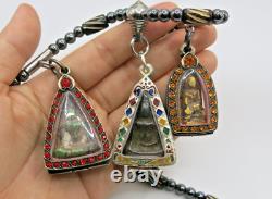 3 Set Antique Thai Buddha Amulet Pendant Hematite Necklace Phra Rod Nangpaya