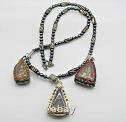 3 Set Antique Thai Buddha Amulet Pendant Hematite Necklace Phra Rod Nangpaya