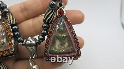 3 Set Antique Thai Buddha Amulet Pendant Hematite Necklace Phra Rod Nangpaya