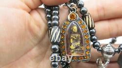 3 Set Antique Thai Buddha Amulet Pendant Hematite Necklace Phra Rod Nangpaya