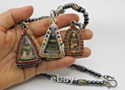 3 Set Antique Thai Buddha Amulet Pendant Hematite Necklace Phra Rod Nangpaya