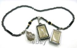 3 Set Antique Thai Buddha Amulet Pendant Hematite Necklace Phra Somdej Chinnarat