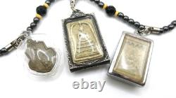 3 Set Antique Thai Buddha Amulet Pendant Hematite Necklace Phra Somdej Chinnarat