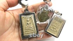 3 Set Antique Thai Buddha Amulet Pendant Hematite Necklace Phra Somdej Chinnarat