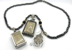 3 Set Antique Thai Buddha Amulet Pendant Hematite Necklace Phra Somdej Chinnarat