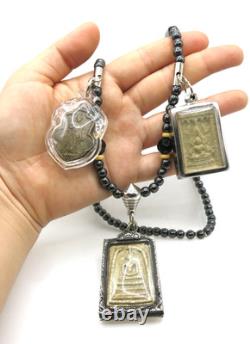 3 Set Antique Thai Buddha Amulet Pendant Hematite Necklace Phra Somdej Chinnarat