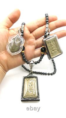 3 Set Antique Thai Buddha Amulet Pendant Hematite Necklace Phra Somdej Chinnarat