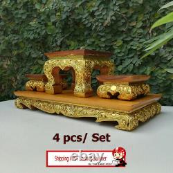 4 pcs/ Set Small Altar Table Thai Buddha Worship Teak Wood Amulet Handmade