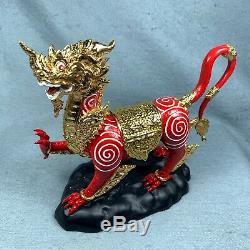 7 Enamel Real Gold Chinese Sing Lion Fetish Talisman Amulet Thai Buddha brass