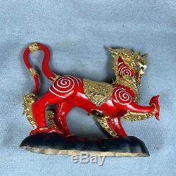 7 Enamel Real Gold Chinese Sing Lion Fetish Talisman Amulet Thai Buddha brass