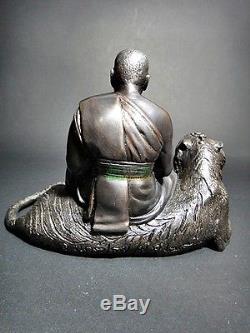 8714-Bronze Statue Lp Pern Tiger Rider Wat Bangpha Amulet Thai Buddha Meditation
