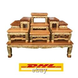 Altar Set Thai Teak Wood Buddha Amulet Worship 9+1 Table Handmade Beautiful