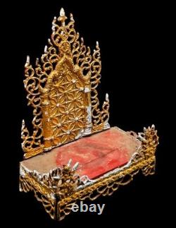 Ancient Burmese Buddha Altar Shelf Base Gold Plated Metal Wooden Amulet CK906