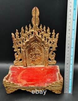 Ancient Burmese Buddha Altar Shelf Base Gold Plated Metal Wooden Amulet CK906