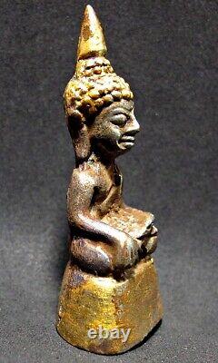 Antique 16/17th C Bronze Statue Gild Buddha Phra Yot Thong Figure Thai Amulet