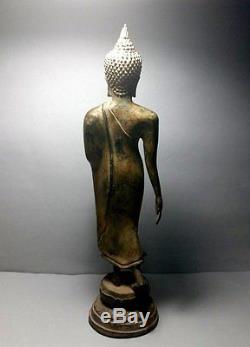 Antique Bronze Sukhothai Walking Buddha Statues Temple Thai Amulet Wealth