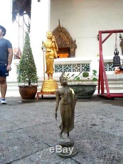 Antique Bronze Sukhothai Walking Buddha Statues Temple Thai Amulet Wealth