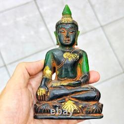 Antique Leklai Quartz Crystal Buddha Green Stone Statue KruHod Thai Amulet 18035