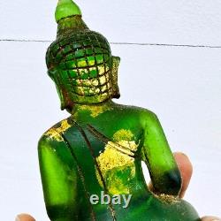 Antique Leklai Quartz Crystal Buddha Green Stone Statue KruHod Thai Amulet 18035