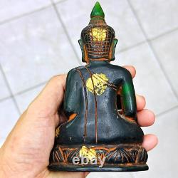 Antique Leklai Quartz Crystal Buddha Green Stone Statue KruHod Thai Amulet 18035