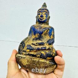 Antique Leklai Quartz Crystal Buddha Statue Blue Stone KruHod Thai Amulet #17978