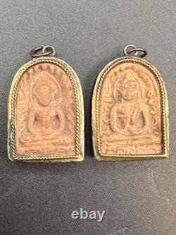 Antique Sterling Silver Clay Thai Buddha His & Hers Phra Somkor Amulets