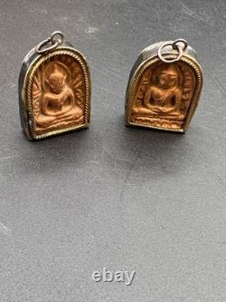 Antique Sterling Silver Clay Thai Buddha His & Hers Phra Somkor Amulets