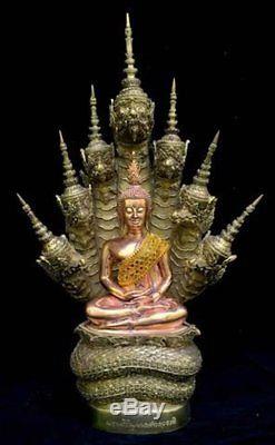Buddha Emperor Naga Artistic Copper Thai Statue Amulet Wealth Lucky Fortune Rich
