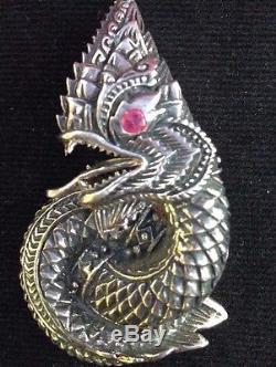 Buddha Talisman Naga Dragon Pendant Necklace Sterling Silver Holy Thai Amulet