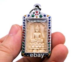 Craved White Buddha Amulet Pendant Thai temple BE 2510 Nuea Nga Sacred Substance