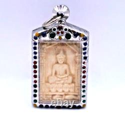 Craved White Buddha Amulet Pendant Thai temple BE 2510 Nuea Nga Sacred Substance