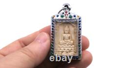 Craved White Buddha Amulet Pendant Thai temple BE 2510 Nuea Nga Sacred Substance