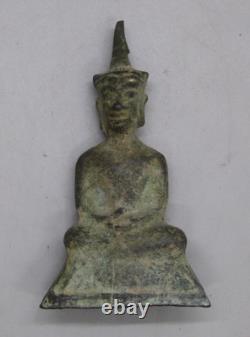 Fine Old Antique Thai Bronze Phra Chai Sitting Buddha Statue Amulet Thailand