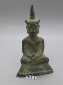 Fine Old Antique Thai Bronze Phra Chai Sitting Buddha Statue Amulet Thailand