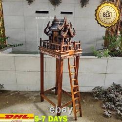 Full Set Large Thai Spirit House + 4 pole Stand Teak Wood Wooden Buddha Amulet W