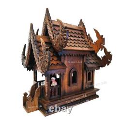 Full Set Large Thai Spirit House + 4 pole Stand Teak Wood Wooden Buddha Amulet W