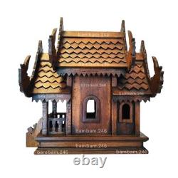 Full Set Large Thai Spirit House + 4 pole Stand Teak Wood Wooden Buddha Amulet W