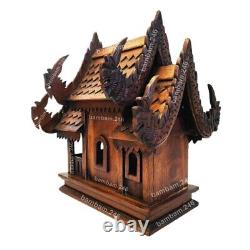 Full Set Large Thai Spirit House + 4 pole Stand Teak Wood Wooden Buddha Amulet W