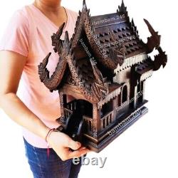 Full Set Large Thai Spirit House + 4 pole Stand Teak Wood Wooden Buddha Amulet W