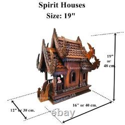 Full Set Large Thai Spirit House + 4 pole Stand Teak Wood Wooden Buddha Amulet W