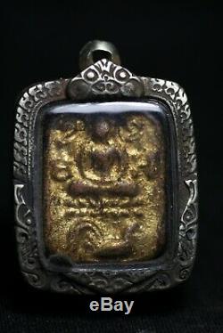 Gilt Clay Buddha & Chicken in Aged Decorative Case Thai Buddhist Amulet PTB010