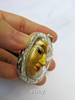 Gold Buddha Face Pendant STERLING SILVER 925 Case Sacred Thai Amulet Takrut