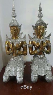 Large Pair Gilt silver Male Female Brass Deity Buddha Thai Amulets Statues
