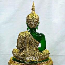 Large Rainy Armor Emerald Buddha Statue Meditation Green Gold Thai Amulet #15383