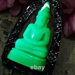 Leklai Buddha Lucky Green Glow In Dark Stone Wealth Somporn Thai Amulet #17635